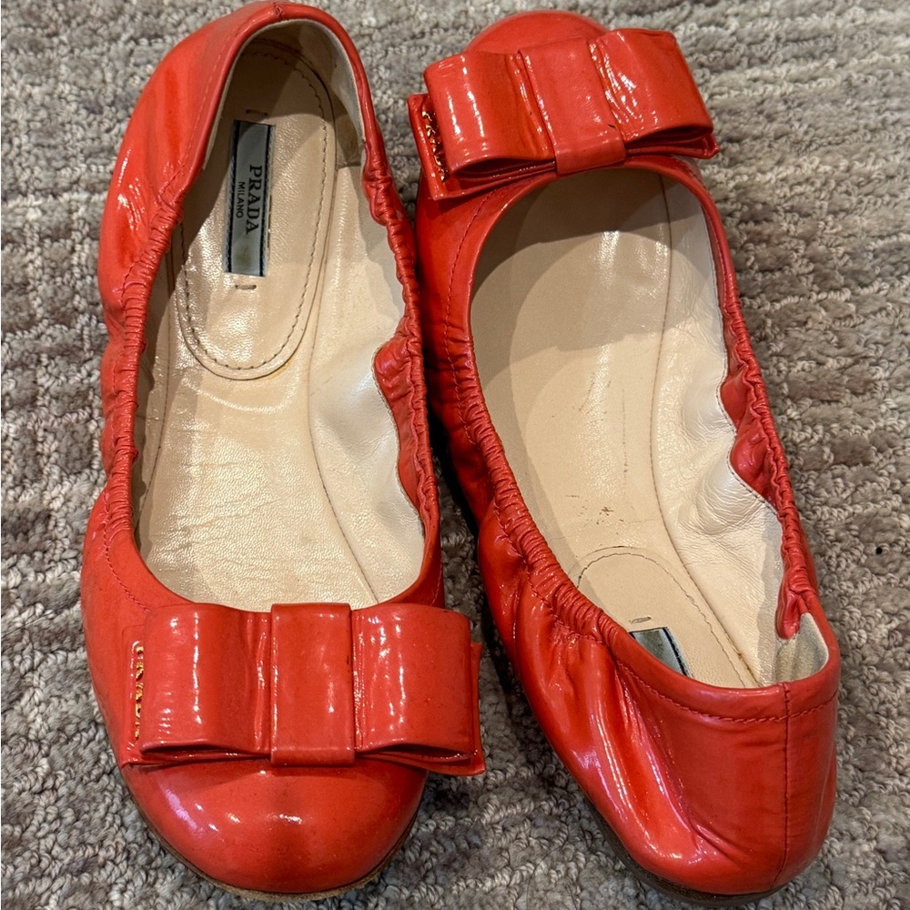 Prada Women's Patent Leather Orange Ballet Flats